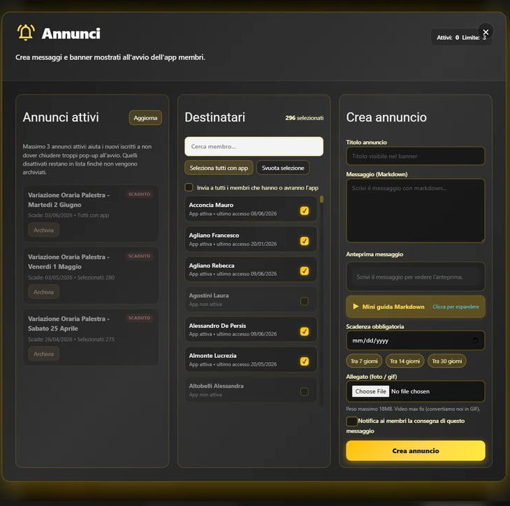 Announcements panel with recipients, title, message, attachment, expiry and notification option