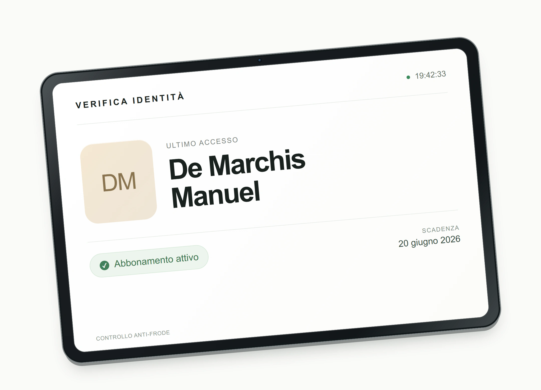 Tabletmodel med identitetskontrol: medlemmets navn og medlemskabets status ved passage gennem adgangsmøllen