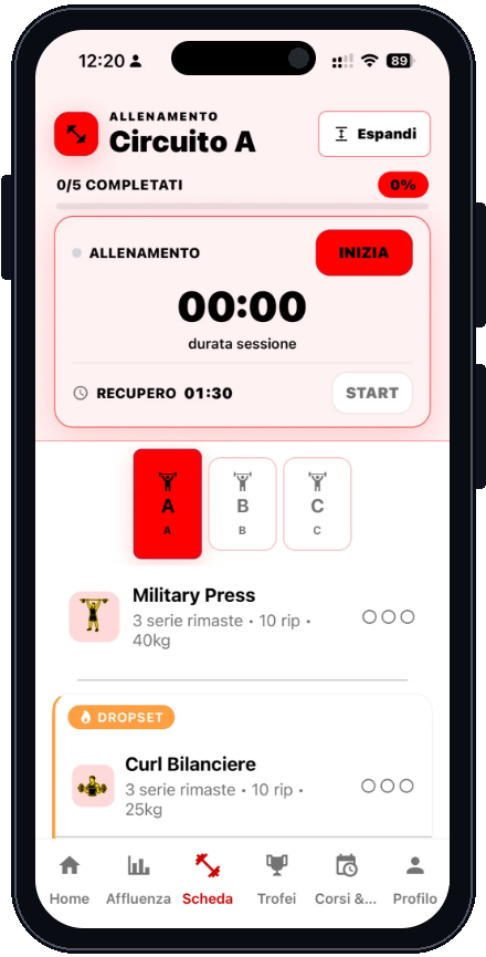 Det originale digitale træningsprogram med cirkeltræning, øvelser og timer i en iPhone-model