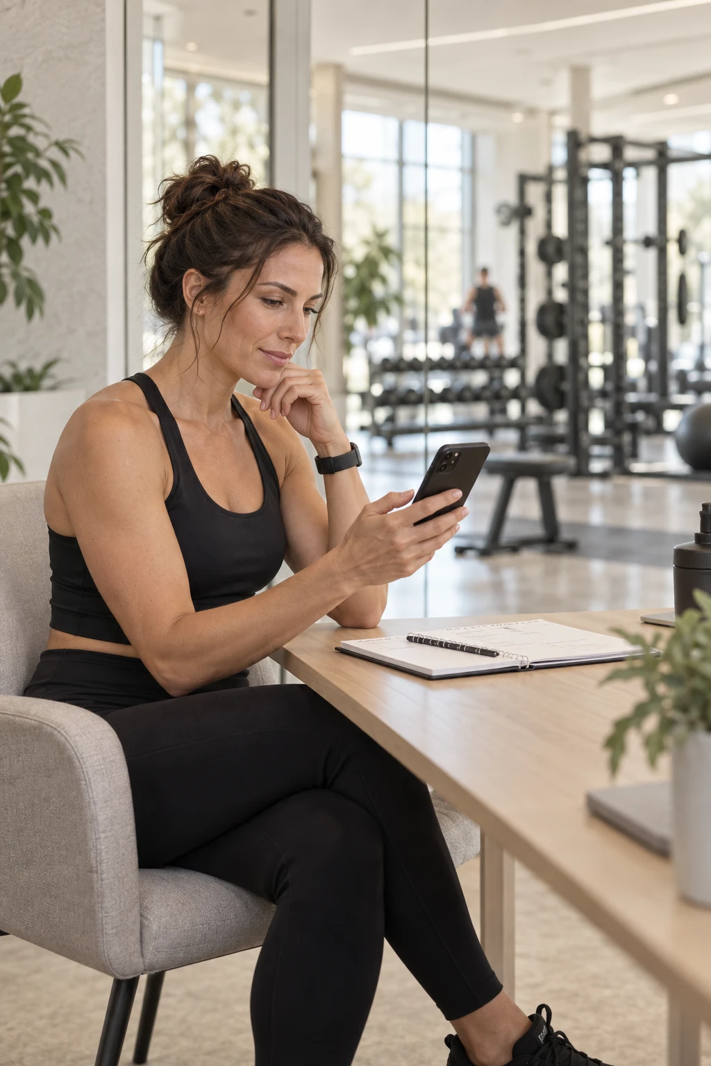 A trainer uses her phone in the gym’s office, away from the entrance