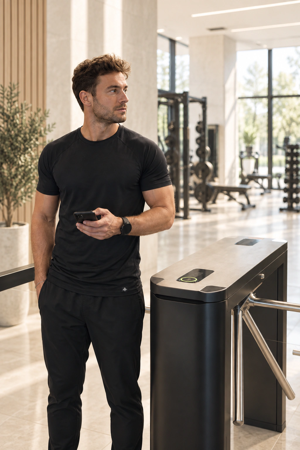 Træner med en telefon ved siden af adgangsmøllen i et lyst fitnesscenter
