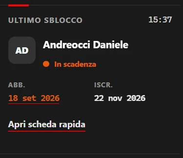 EntryGuard-sidepanel: siste åpning for Andreocci Daniele, medlemskap nær utløp og lenke til hurtigprofilen.