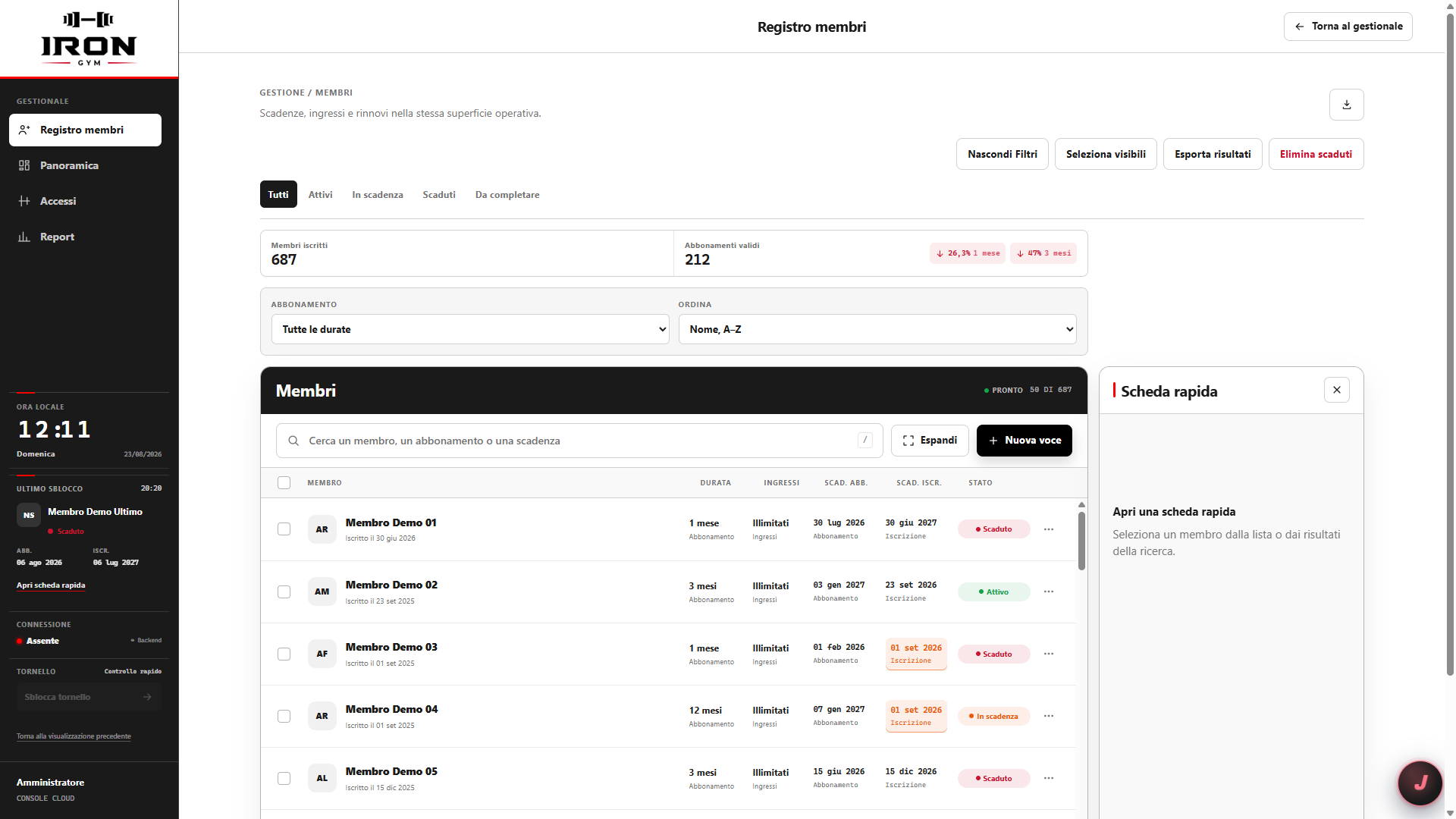 Member Register with search, status filters and a quick record