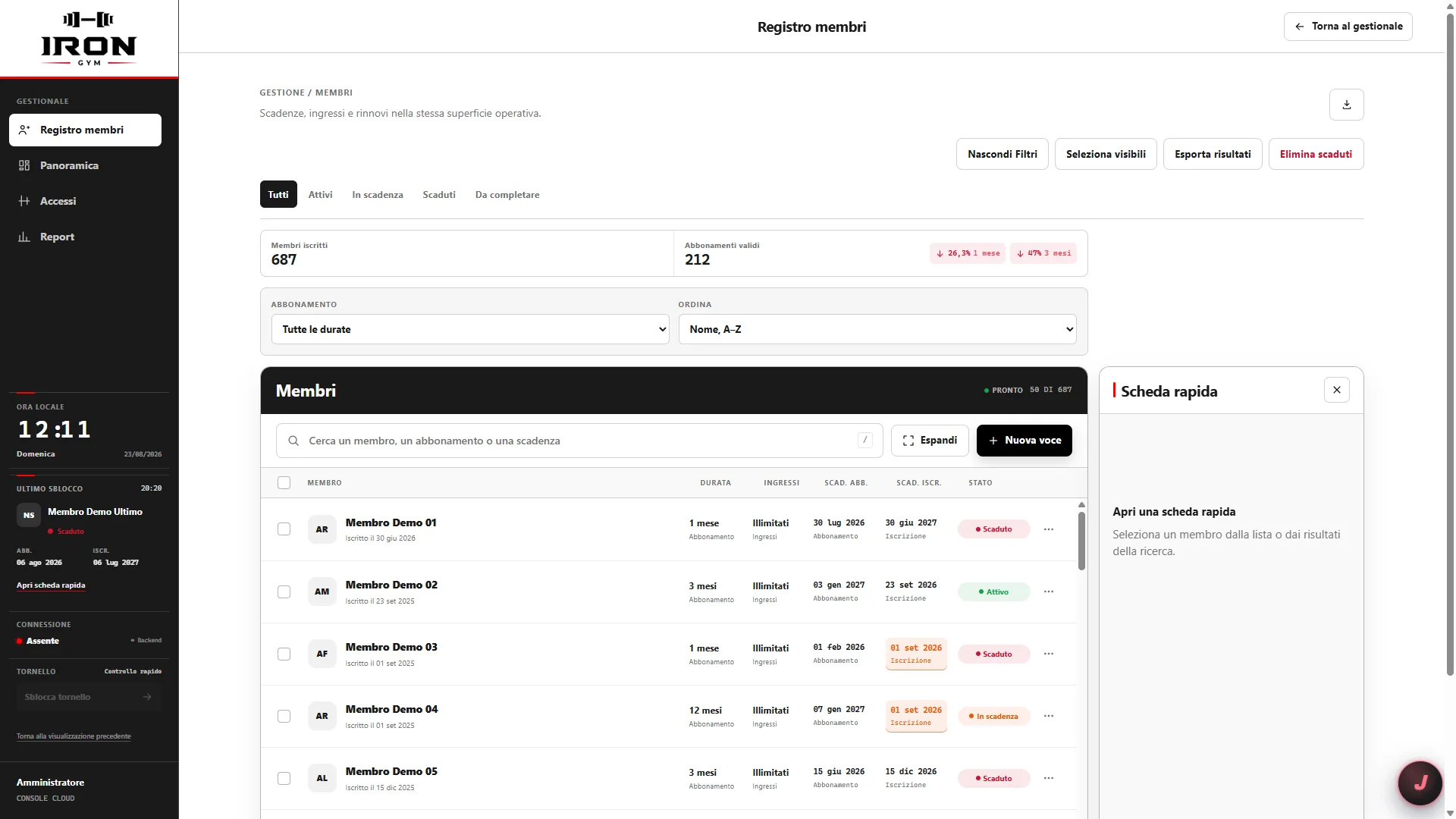Member Register with search, status filters and a quick record